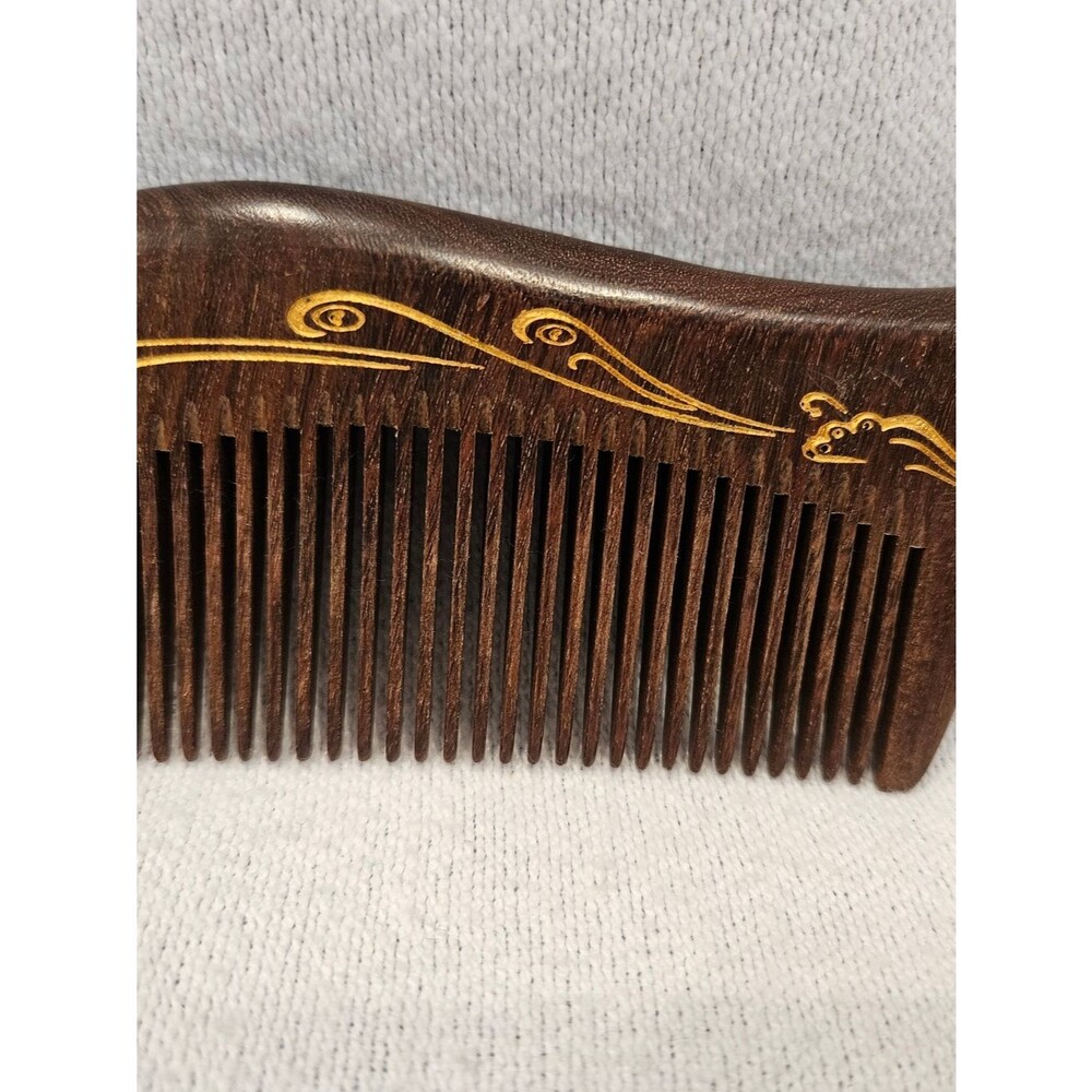 Hand-Carved Handcrafted Wooden Comb Fine Tooth with Gold Painted Detail
